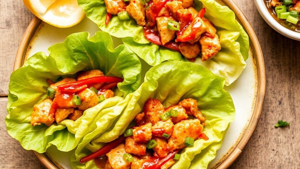 Final plated zesty sweet chili chicken lettuce wraps with lime and herbs