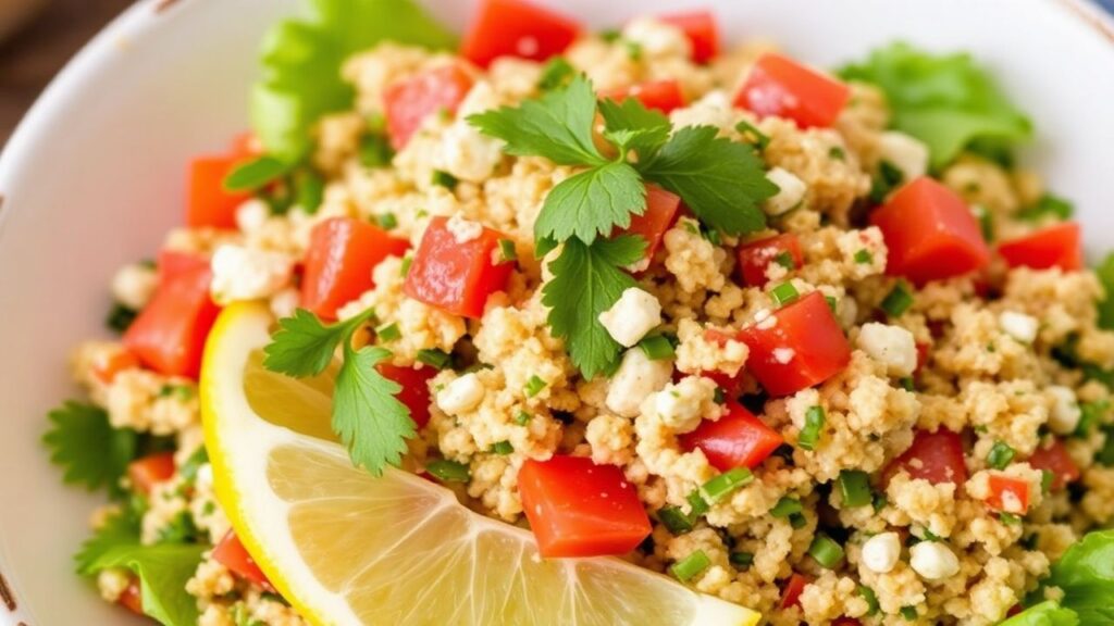 Colorful tabbouleh-style salad in a bowl with tomatoes and herbs