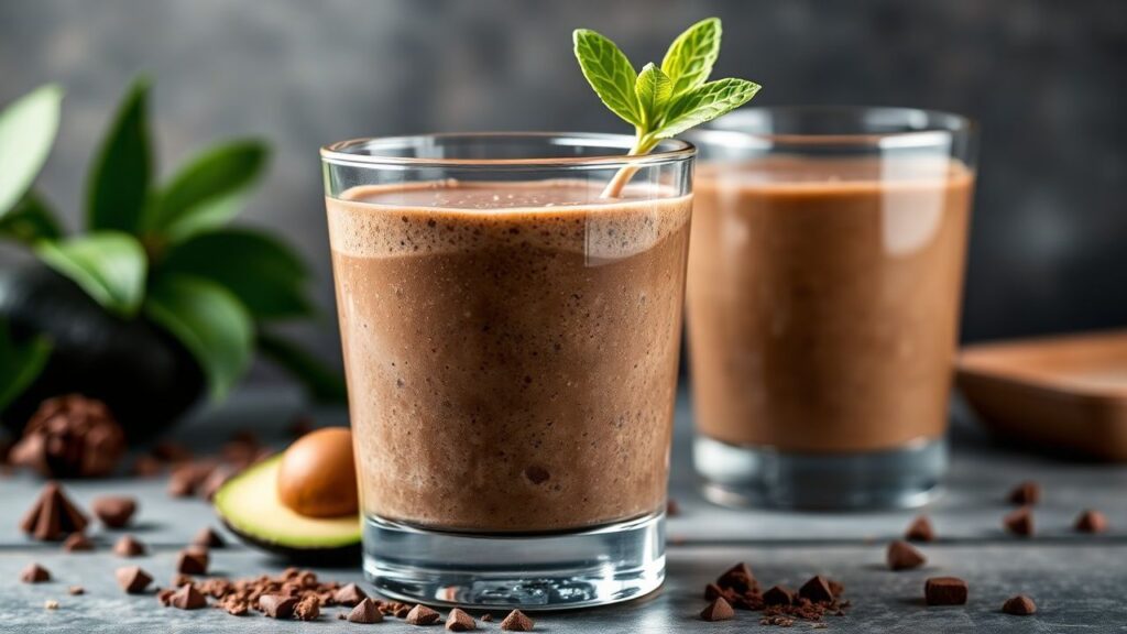 Decadent Chocolate Avocado Smoothie in a blender-ready setup, showcasing a creamy chocolate-green blend.