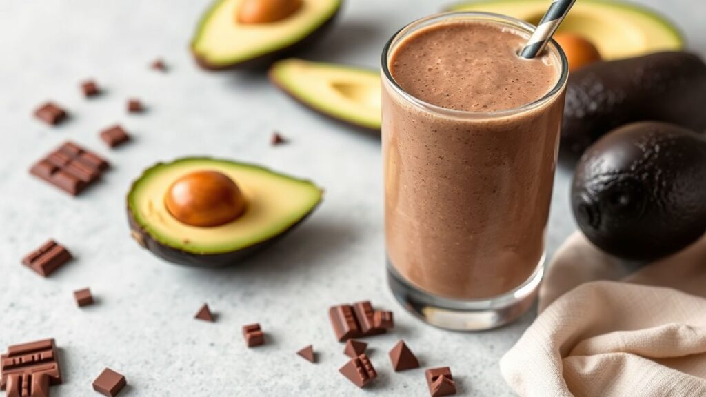 A glass of decadent chocolate avocado smoothie with creamy texture, emphasizing a healthy indulgence approach.