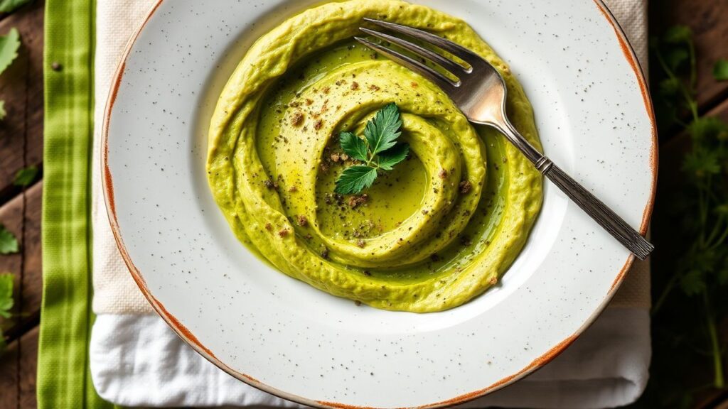 Zesty green harissa hummus plated with herbs, olive oil drizzle, and lemon brightness