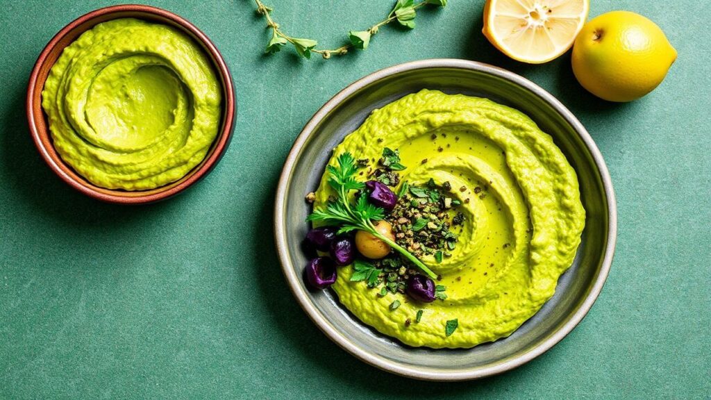 Bright and zesty green harissa hummus with olive oil drizzle and garnishes