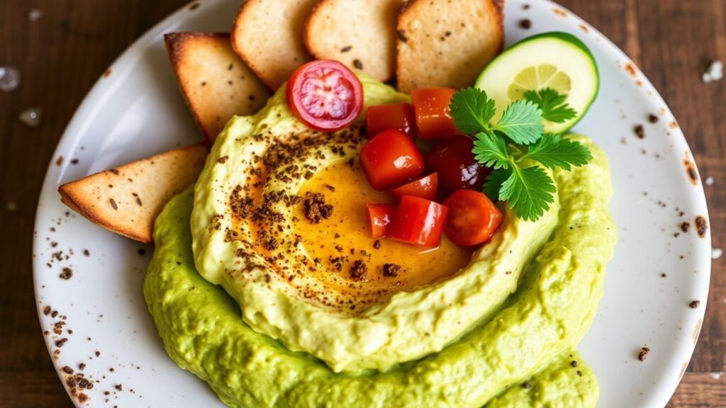 Zesty green harissa hummus on a table with bright garnishes
