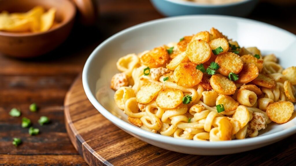 Crunchy golden potato chips on top of a tuna noodle casserole.