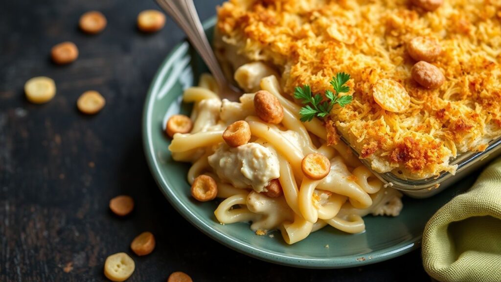 Golden potato chips on top of a tuna noodle casserole.