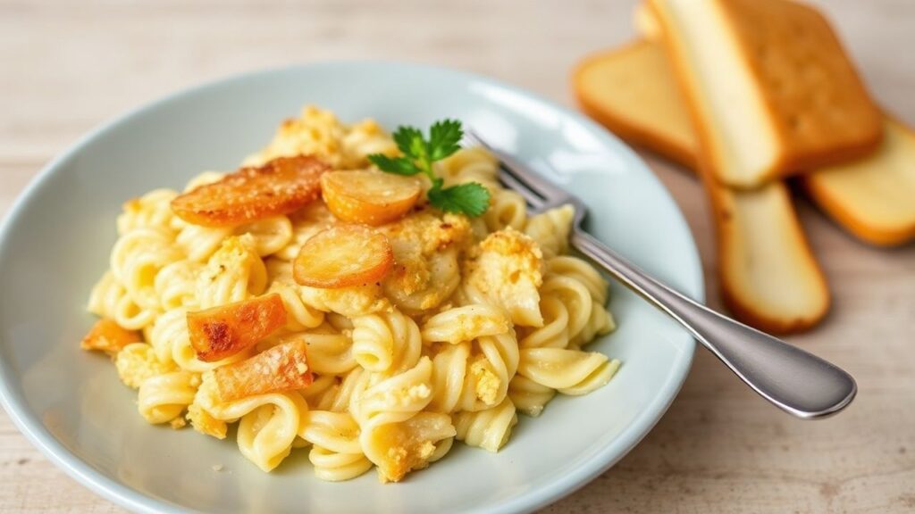 Crispy golden topping texture on tuna noodle casserole.