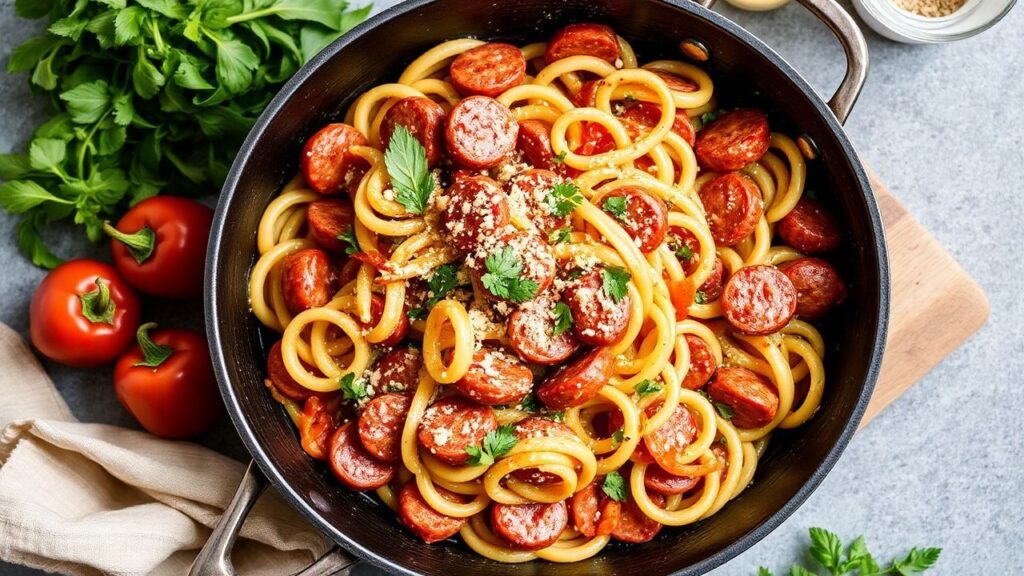 One-pan gnocchi with sausage and bell peppers in a skillet.