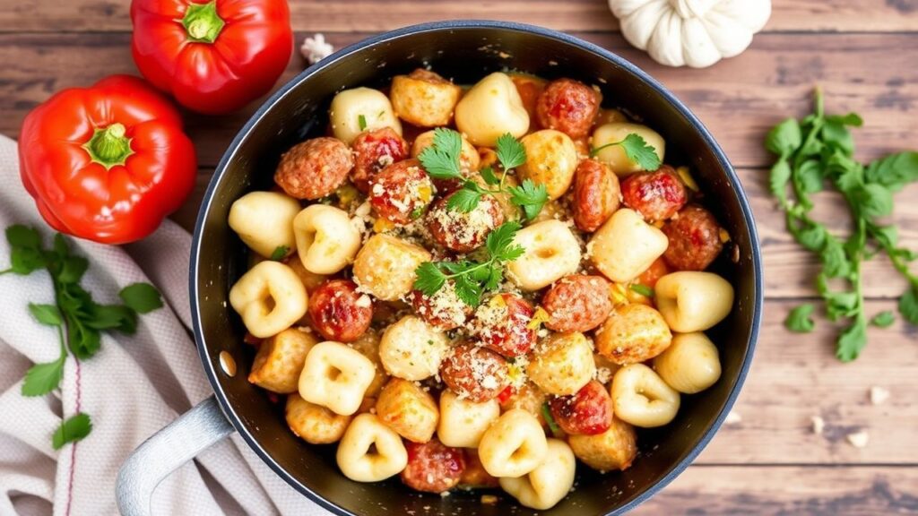 One-pan gnocchi with sausage and bell peppers served from a skillet.
