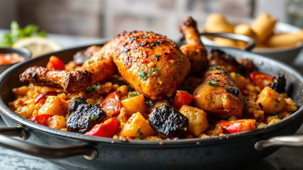 طبق بايلا دجاج وشرائح بحرية مع أزيز ورائحة saffron في مقلاة واسعة