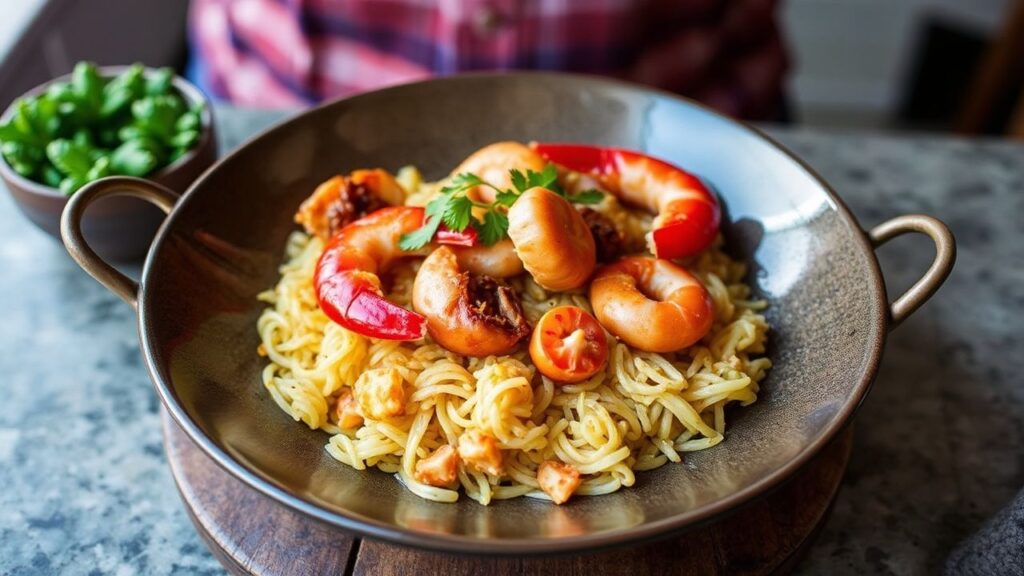 بايلا دجاج ومأكولات بحرية تقدم مع عصير الليمون والبقدونس