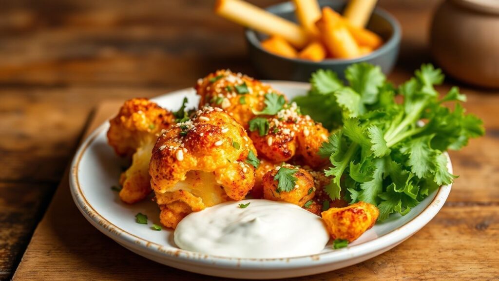 Crispy cauliflower with hot buffalo sauce and zesty ranch