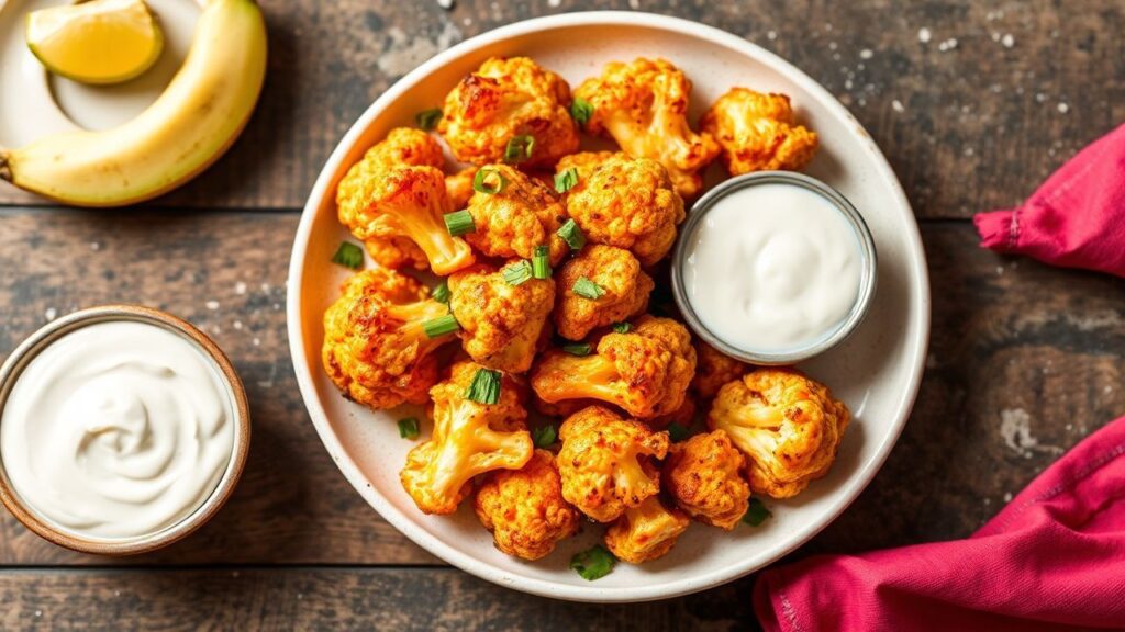 Buffalo cauliflower with zesty ranch on a serving platter
