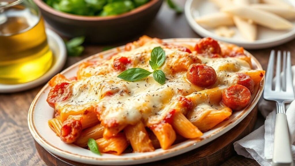 Baked ziti with Italian sausage and mozzarella fresh from the oven