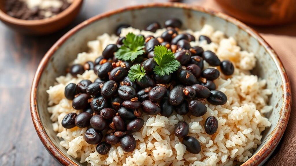 طبق أرز وبقول أسود شهي، نكهات غنية وملموسة، طبقٌ منزليّ.