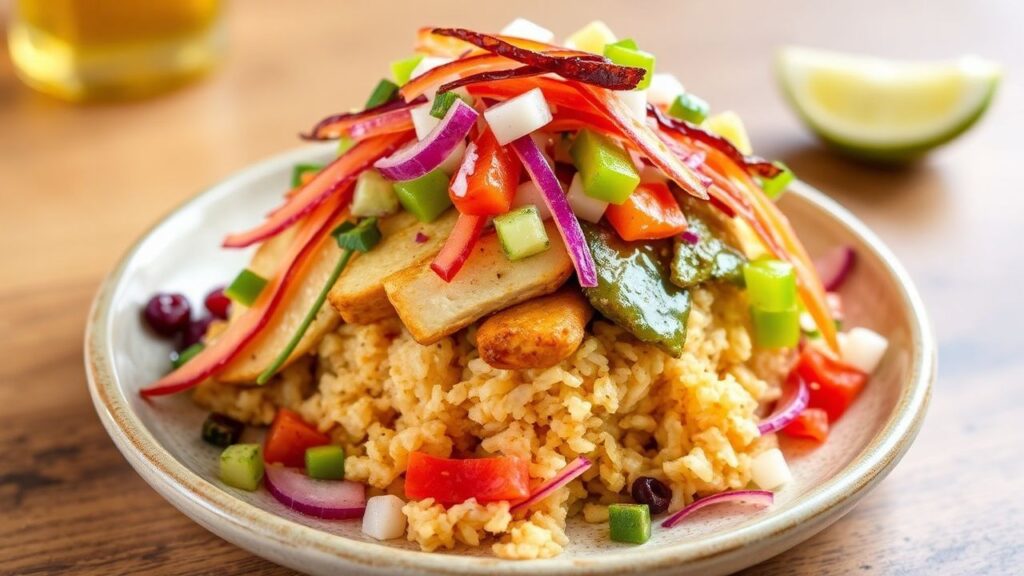 Tropical haystacks bowl with chicken, pineapple, vegetables, and rice