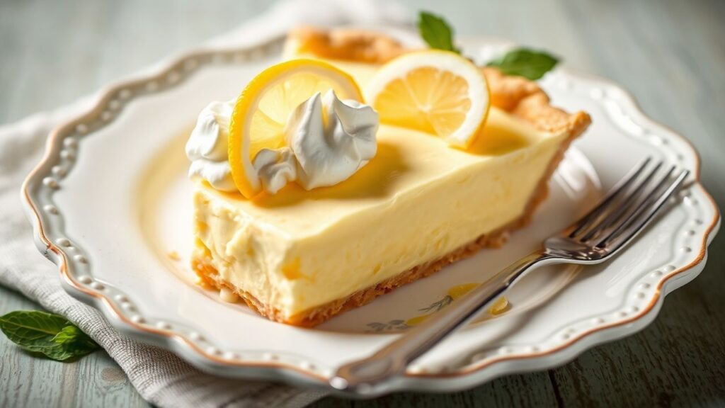 Lemon chess pie with a glossy custard center and bright zesty flavor.