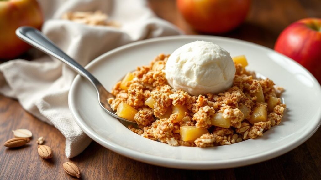 Apple crisp with a golden oat topping and warm cinnamon aroma