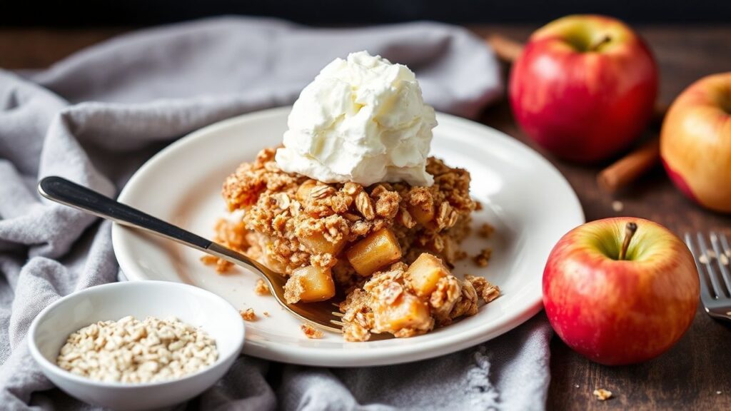 Vanilla ice cream on top of golden oat-topped apple crisp