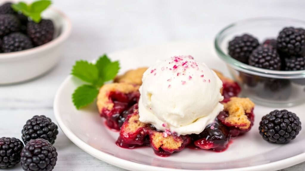 Blackberry cobbler baked with a golden, bubbly berry filling