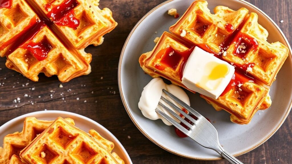 Golden cornbread waffles with chili and cheddar, served as a savory breakfast.