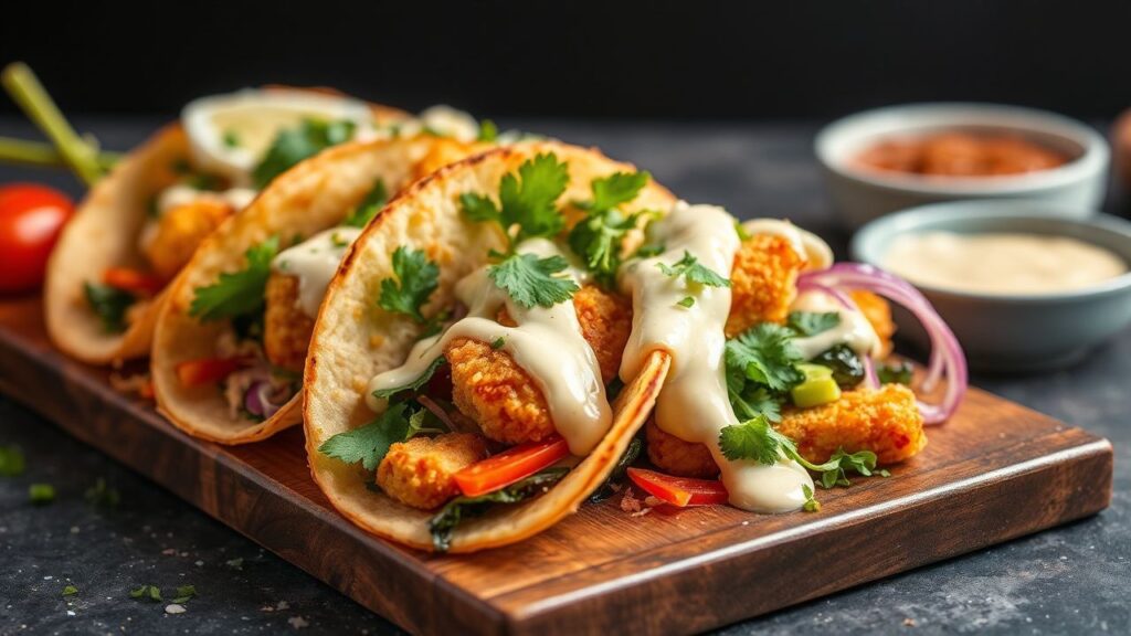 Crispy tempura veggie tacos with zesty wasabi mayo twist in soft corn tortillas