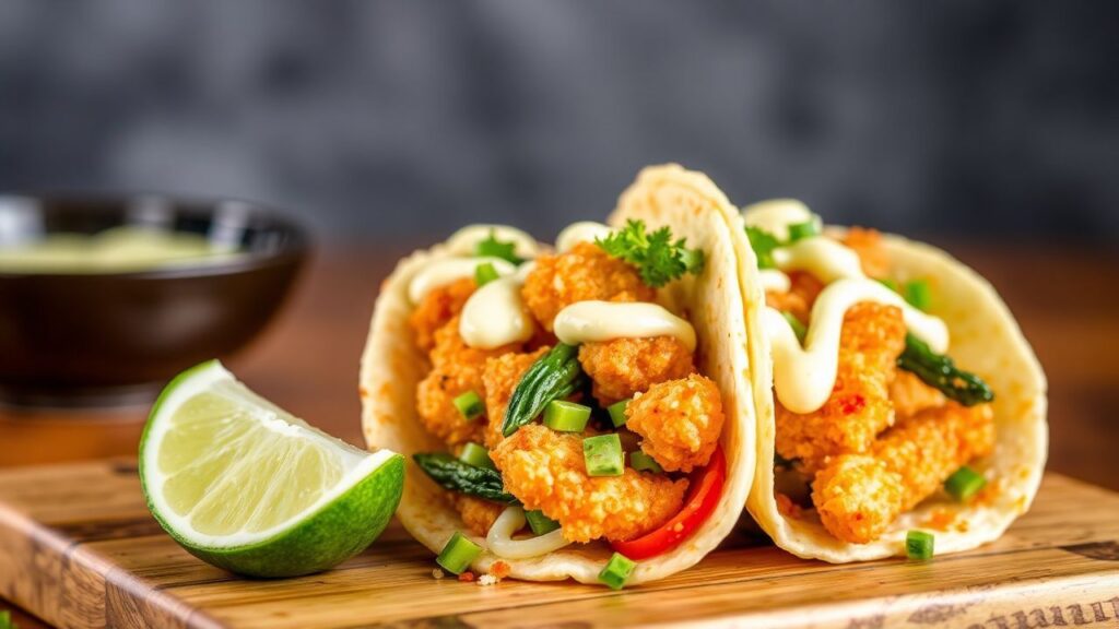 Crispy tempura veggie tacos with wasabi mayo twist served on a plate