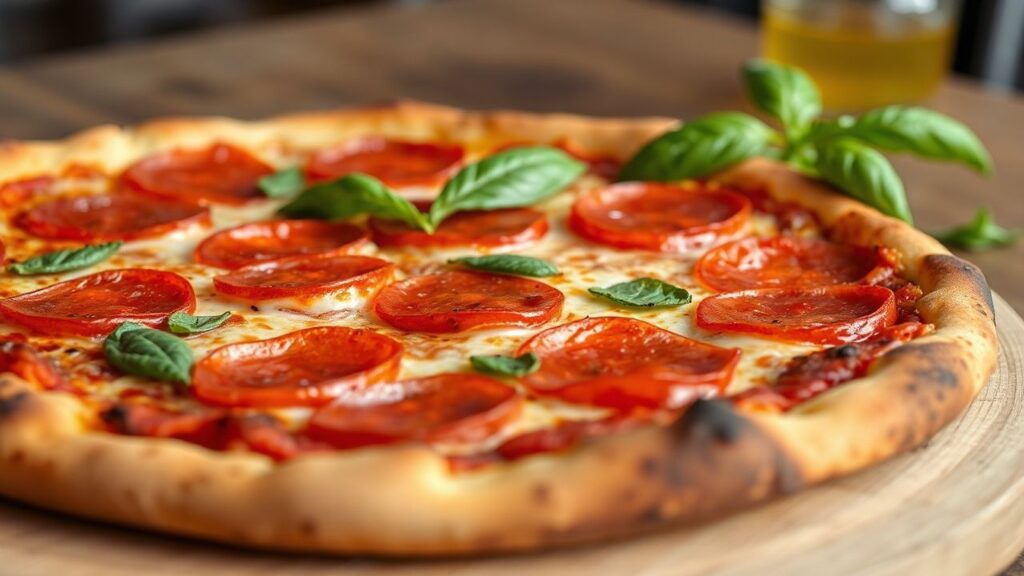 Classic pepperoni pizza with crispy edges, golden rim close-up