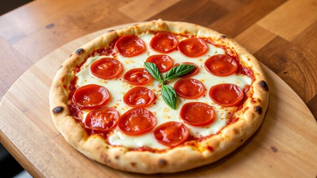 Golden classic pepperoni pizza with crispy edges