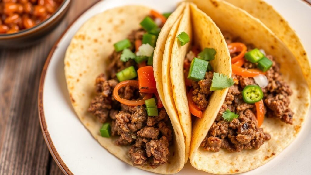Ground beef tacos ready for taco night in 15 minutes, with spices and fresh toppings.