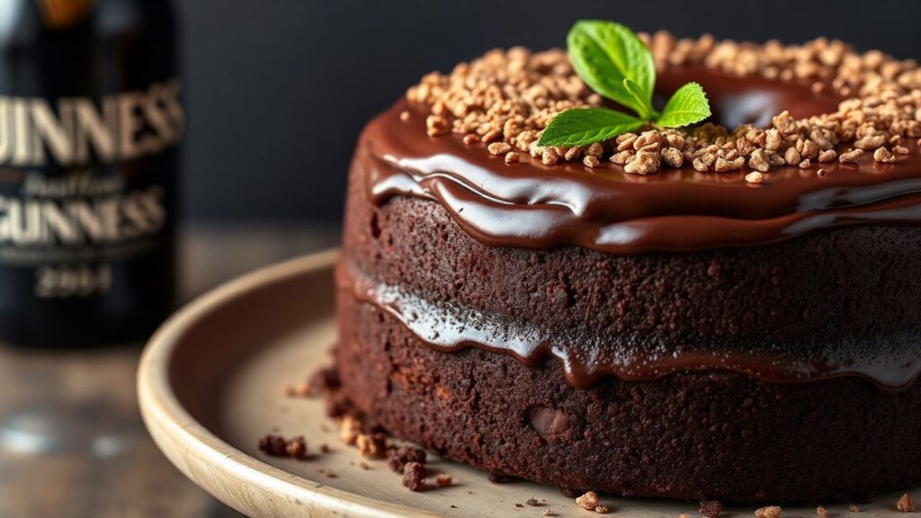 Guinness-free cake with ultra-moist dark chocolate stout loaf, tangy frosting lifting roasted cocoa notes.