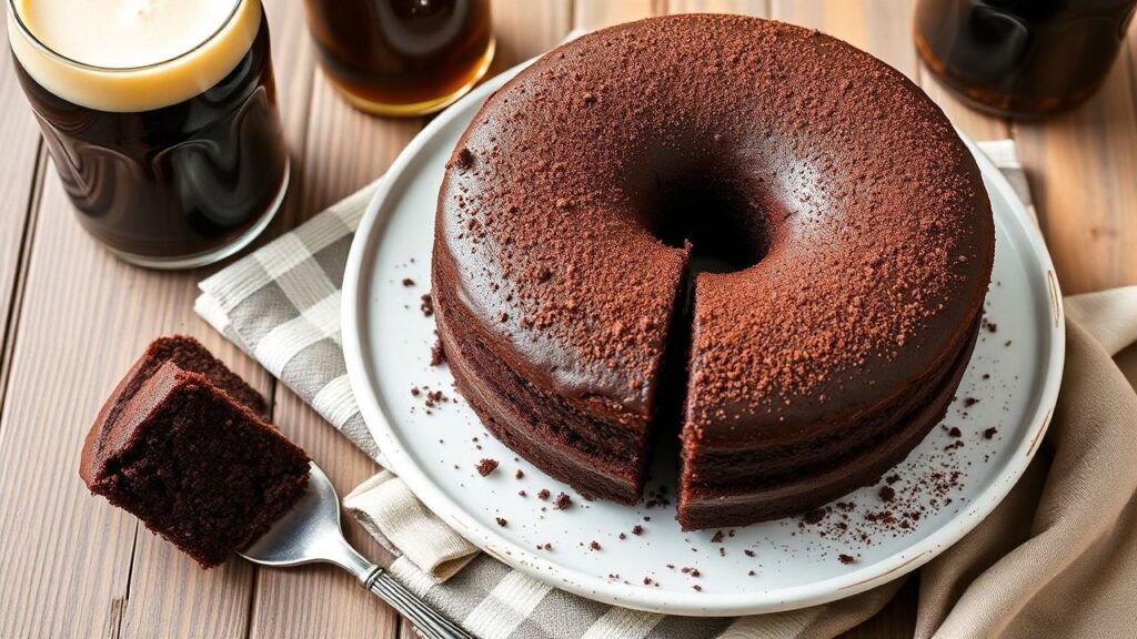 Guinness-free cake with ultra-moist dark stout flavor, roasty cocoa crumb and glossy chocolate glaze.