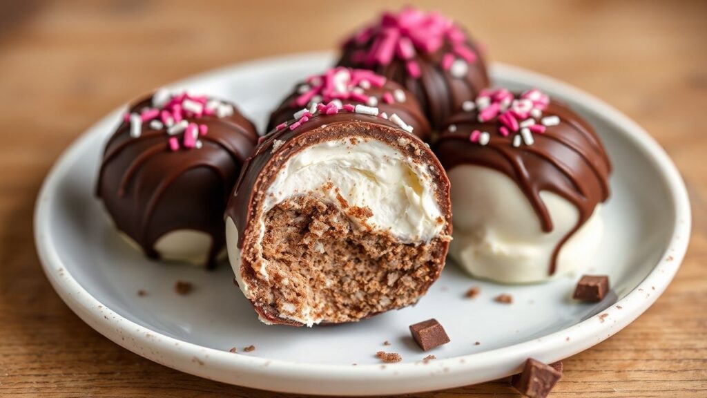 Ice cream truffles dipped in rich chocolate on a tray.