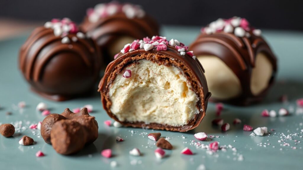 Chocolate-coated ice cream truffles with garnish.