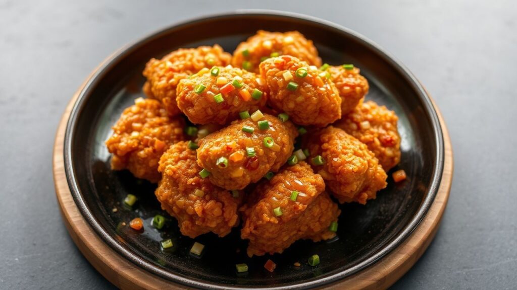 دجاج كوري مقلي حلو و حار بطبقة مقرمشة لامعة، يثير الشهية ويبهج palate العالمي