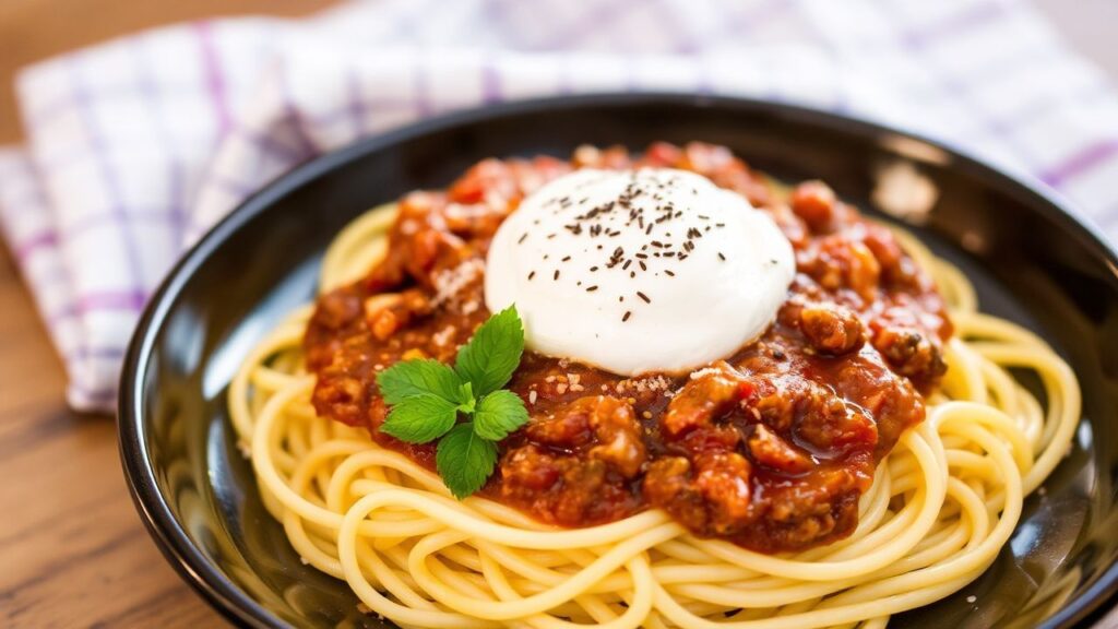 Cincinnati chili over spaghetti with traditional toppings