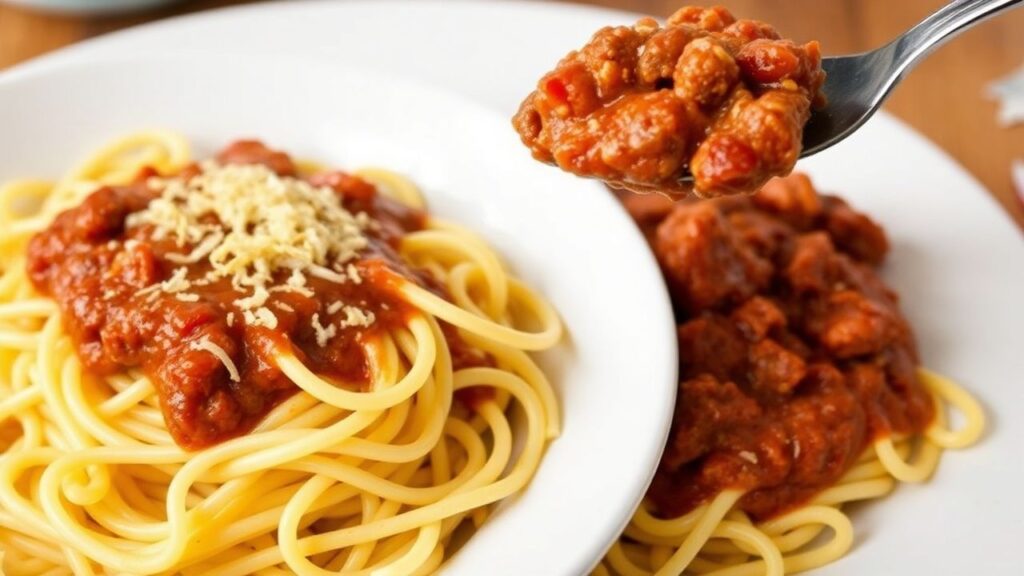 Classic Cincinnati chili over spaghetti with cheddar and toppings