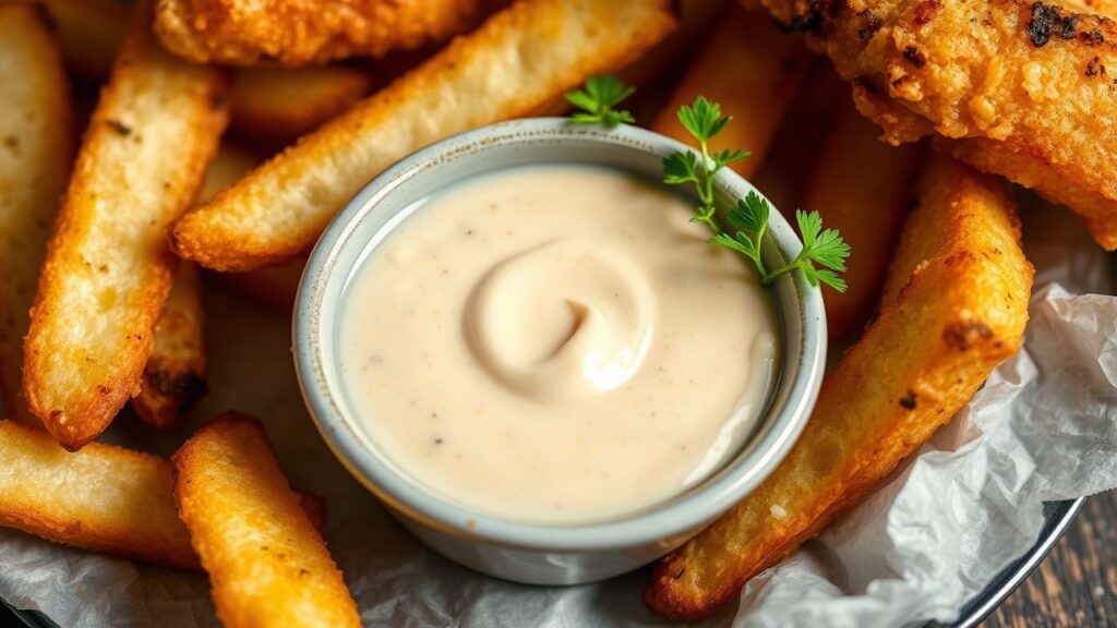 Golden fish and chips with tartar sauce on the side