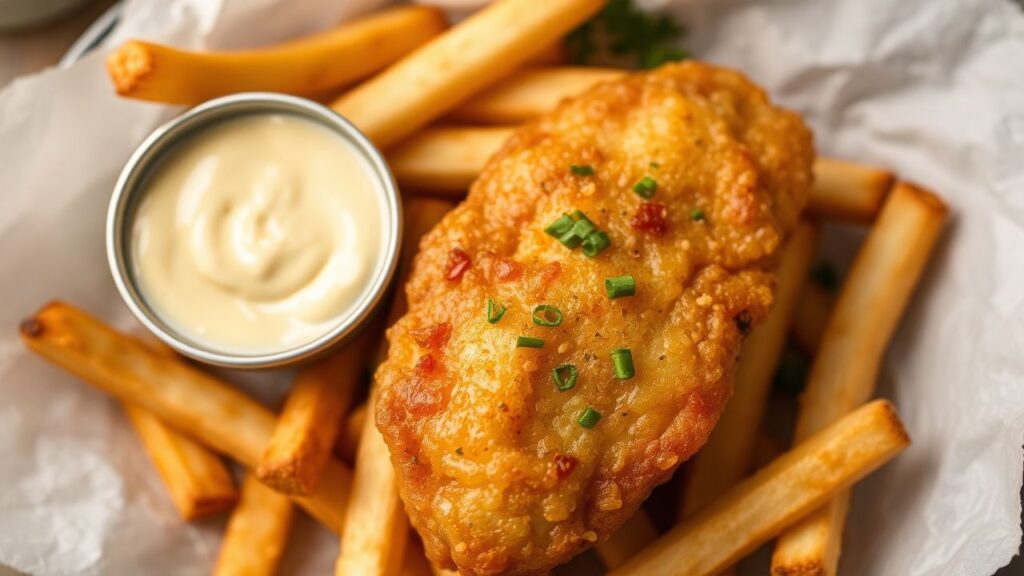 British tartar sauce with golden fries