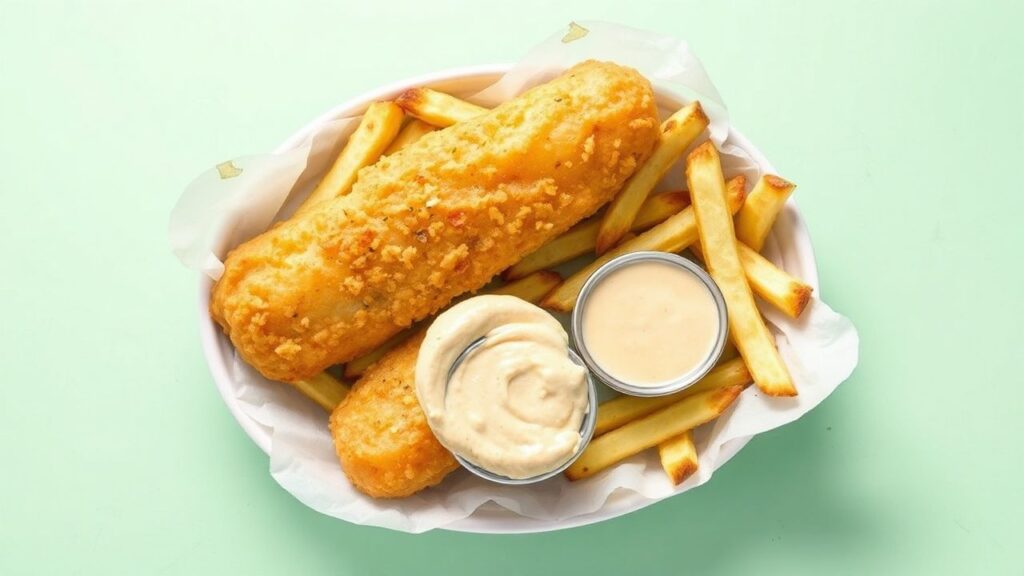 Golden fish and chips with tartar sauce
