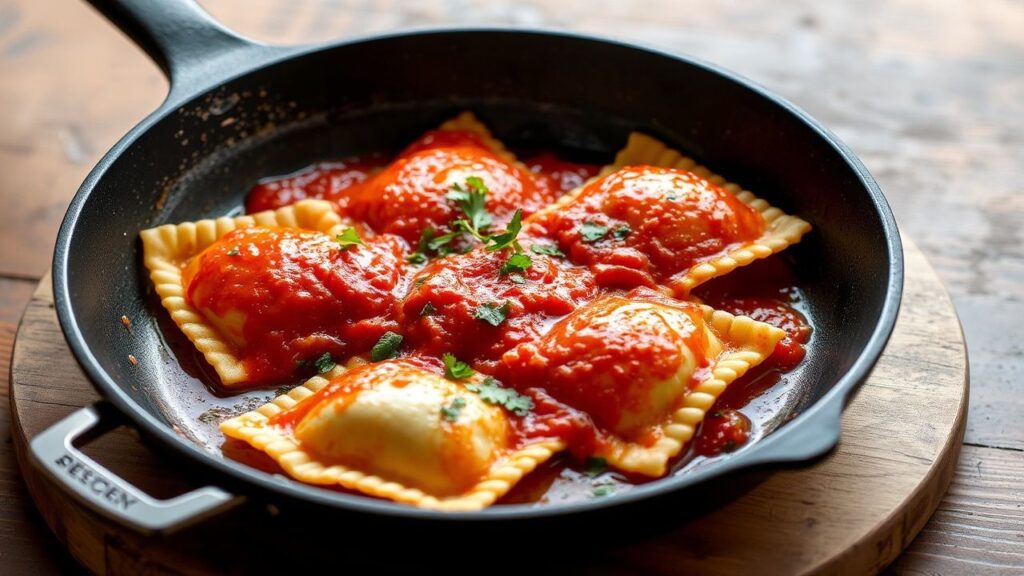 15-minute pan-fried ravioli with marinara and crisp golden coating
