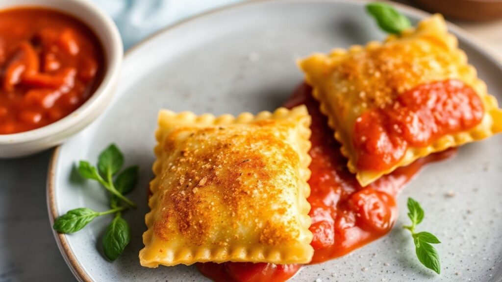 Crispy pan-fried ravioli with marinara sauce ready to serve