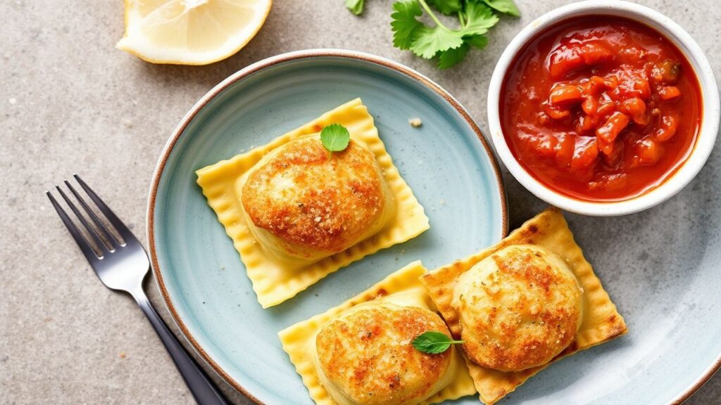 15-minute pan-fried ravioli with marinara, crispy golden crust
