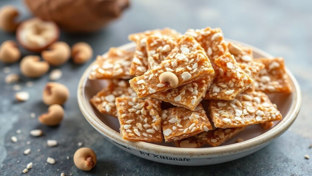 Coconut cashew brittle with a crisp, crackly texture