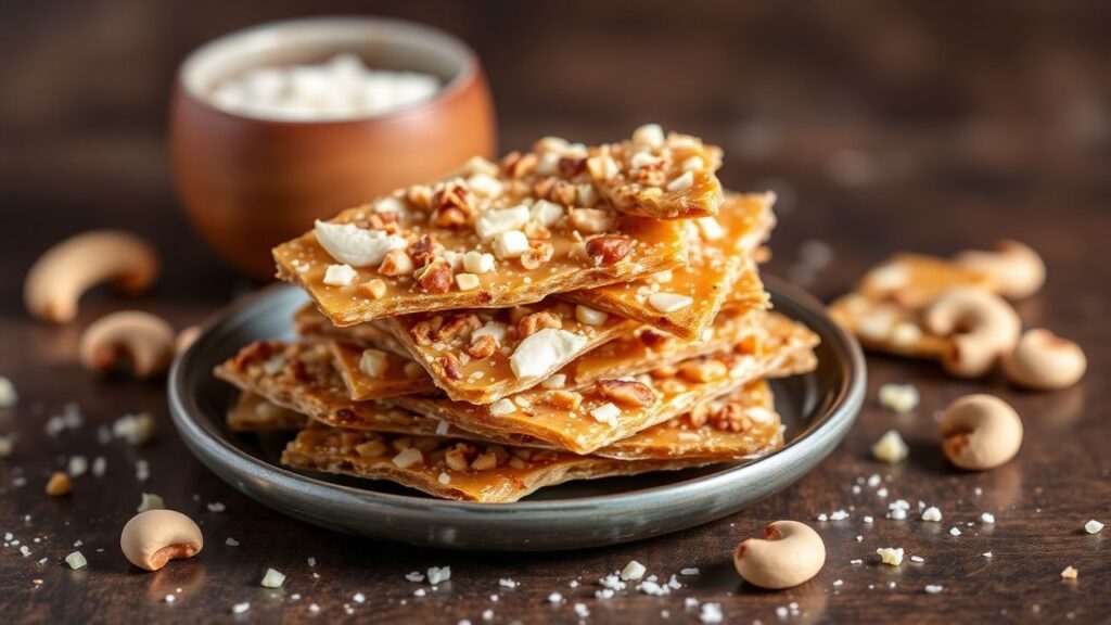 Broken pieces of coconut cashew brittle showing glossy caramel