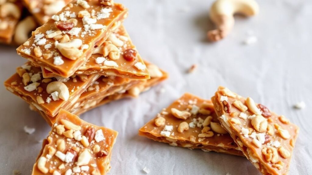Crisp coconut cashew brittle shards on a plate