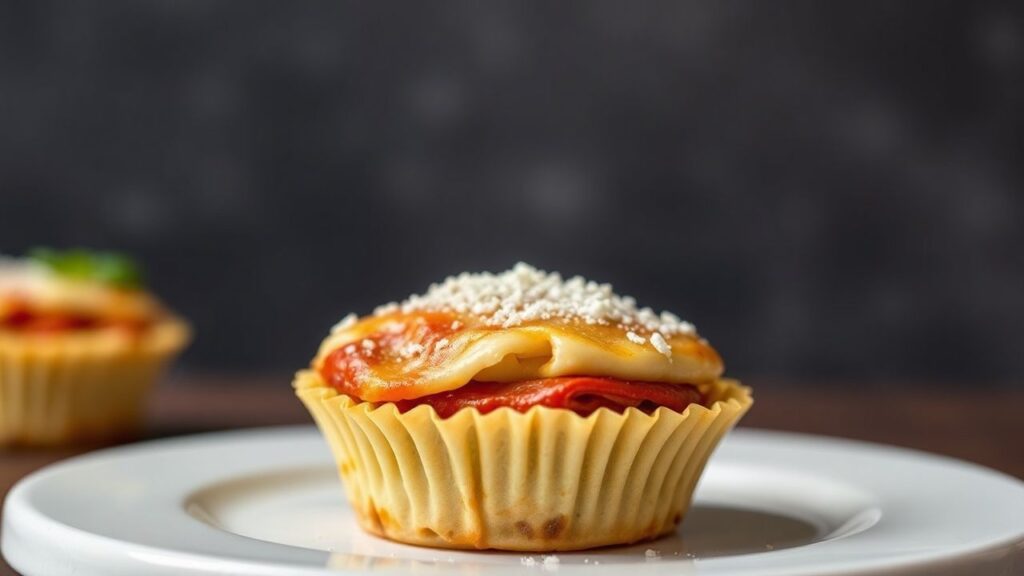 Wonton wrapper lasagna cupcakes in a muffin tin with golden, bubbly cheese.