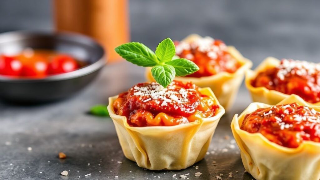 Golden wonton wrapper lasagna cupcakes with bubbling cheese and basil.