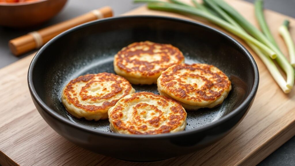 Crispy seafood scallion pancakes, golden and crunchy, sizzling hot on a plate