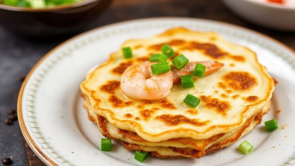 Crispy seafood scallion pancake with golden, crunchy layered crust and savory pan-fried edges.