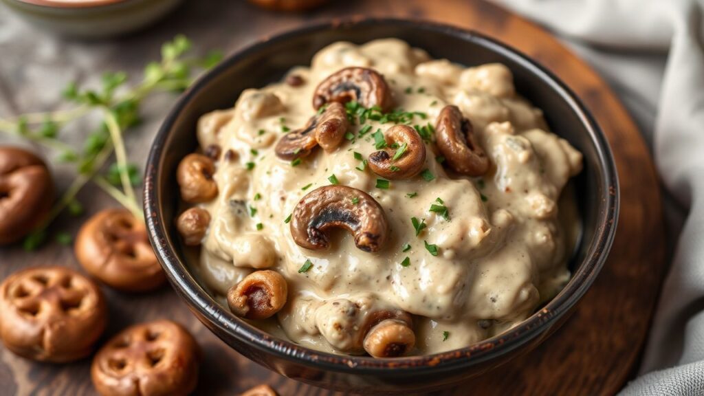 Creamy Vegan Mushroom Stroganoff in a bowl, cozy comfort meal garnished with herbs.